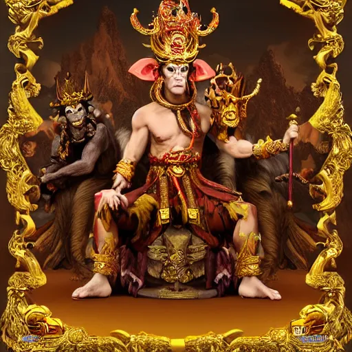 Image similar to monkey king godly lord of monkeys, wearing a crown, holding a staff, sitting in throne 8 k render high detail dark demon gothic style