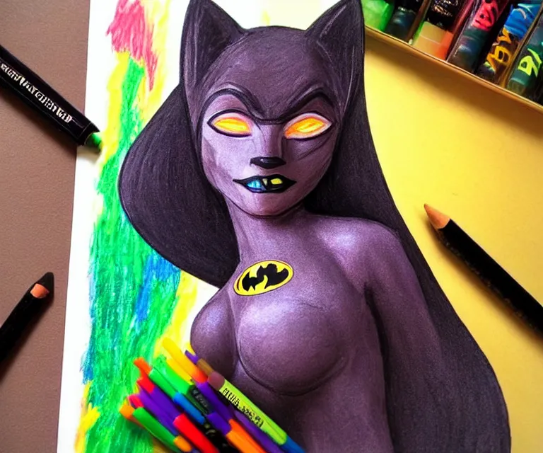 Prompt: “ extremely beautiful black female fox marble statue dressed as batman with crayola crayons in her mouth, photorealistic ”