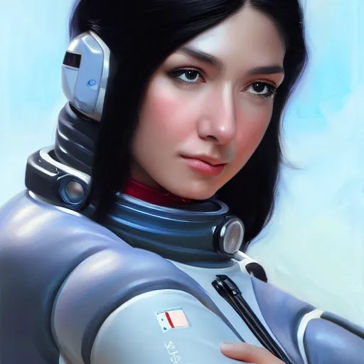 Image similar to a portrait of a very beautiful woman in a spacesuit, Alexandria\'s genesis, shoulder-length black hair, bored, illustration, soft lighting, soft details, painting oil on canvas by mark arian by artgerm, trending on artstation, 4k, 8k, HD