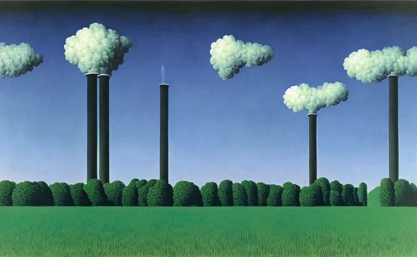 Image similar to industrial chimneys rising out of the undergrowth by rene magritte