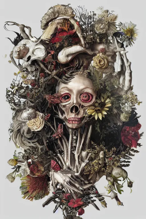 Image similar to Detailed maximalist portrait with large lips and with large white eyes, exasperated expression, extra fleshing limbs, botany bones, HD mixed media, 3D collage, highly detailed and intricate, surreal illustration in the style of Caravaggio, dark art, baroque