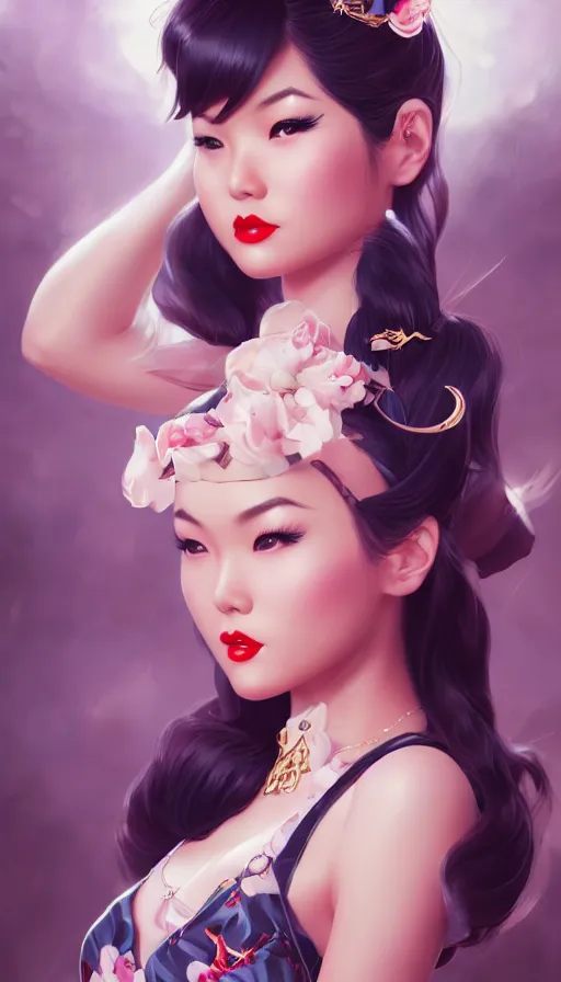 Image similar to a pin up and beautiful fashion and charming and dreamlke asian girl with lv jewelry, medium shot, art by artgerm & ross tran & wlop, hyperdetailed, 8 k realistic, symmetrical, frostbite 3 engine, cryengine, dof, trending on artstation, digital art