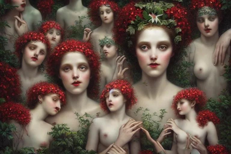 Prompt: the goddess of red solo cups surrounded by a court of nymphs, by tom bagshaw peter kemp, beautiful highly symmetric faces