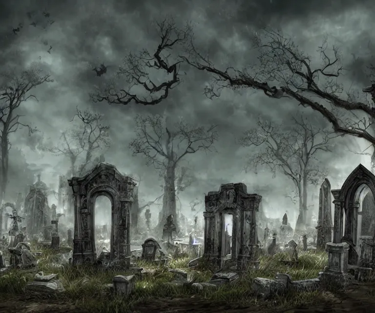 Image similar to a city of tombs and tombstones, graveyard landscape, ghostly spirits, giant grave structures, giant tomb structures, dark fantasy, digital art, fantasy art