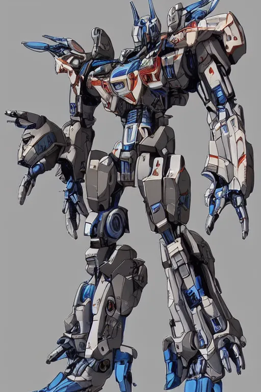 Image similar to full body illustration!! kitbashed mecha from transformers movies, 8 k uhd, very symmetrical!! highly detailed, inthe style of vitaly bulgarov, josh nizzi, yoji shinkawa, kenny carmody, ryouta otsuka, hideyuki ashizawa, marc nagel, deviantart, artstation, pinterest, unreal engine