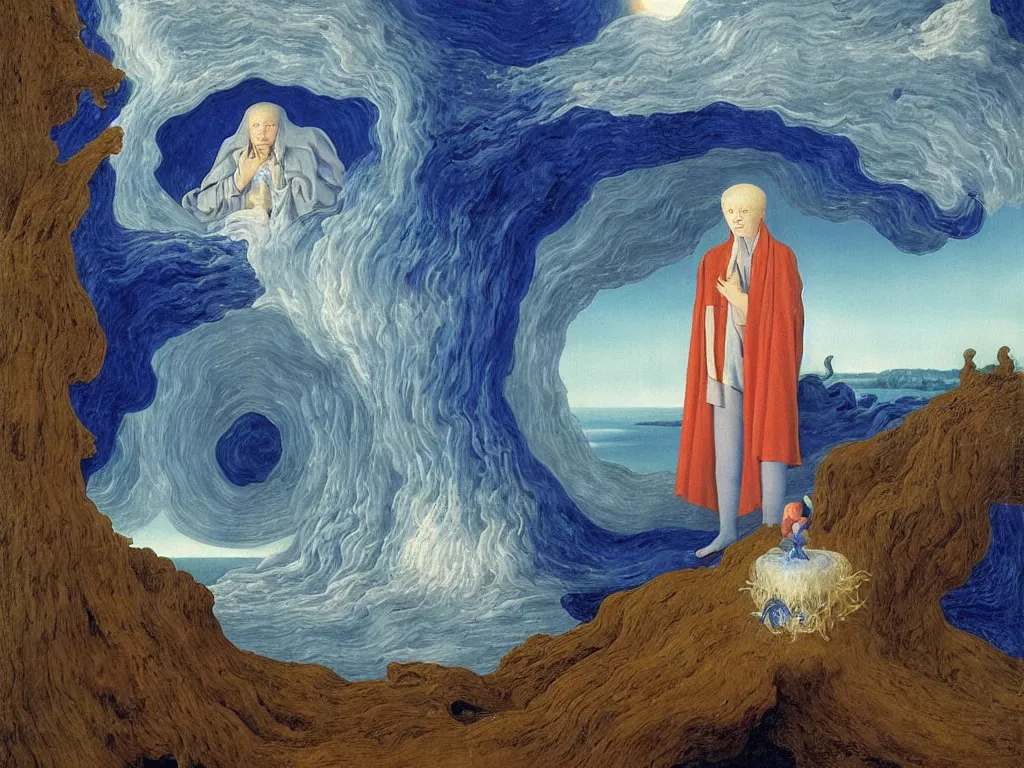 Image similar to Portrait of albino mystic with blue eyes, with portal to another realm. Landscape with lapis lazuli tsunami, giant wave. Painting by Jan van Eyck, Audubon, Rene Magritte, Agnes Pelton, Max Ernst, Walton Ford