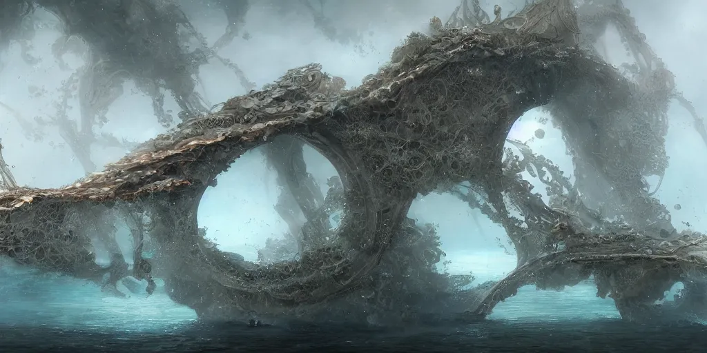 Image similar to study material with side perspective, transparent water River flow, realistic water foam,agua droplets, underwater, bridge made of water ,physically based rendering, defined features by ellen jewett, tomasz alen kopera and Justin Gerard