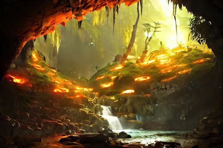 Prompt: 1 1 1 1 cave entrance surrounded by trees with a small water stream coming out of it, orange glow, fantasy, highly detailed, art by greg rutkowski