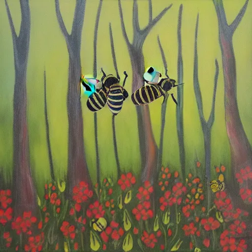 Image similar to bees flying in the woods, acrylic by yelena york