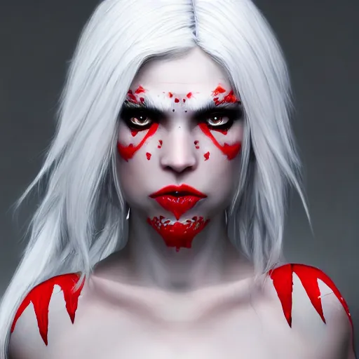 Image similar to a highly detailed beautiful portrait of a humanoid demon girl with white hair, red horns, in white clothes, artstation, deviantart, professional, unreal engine 5, photorealistic