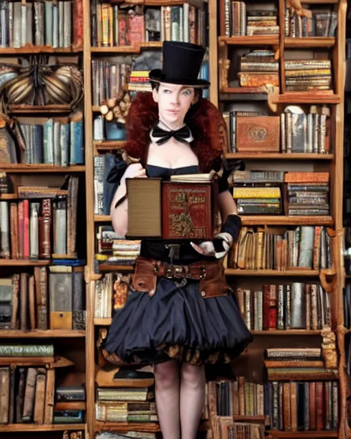 Prompt: a steampunk female maid holding a stack of books, standing in a steampunk reading room, bookshelf.