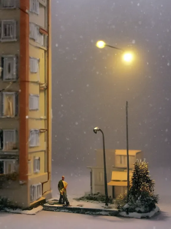 Prompt: small diorama a soviet residential building in soviet suburb, 9 0 s, lights are on in the windows, dark night, two man fighting for bottle of vodka on yard, cozy atmosphere, fog, cold winter, snowing, streetlamps with orange volumetric light, several birches nearby,