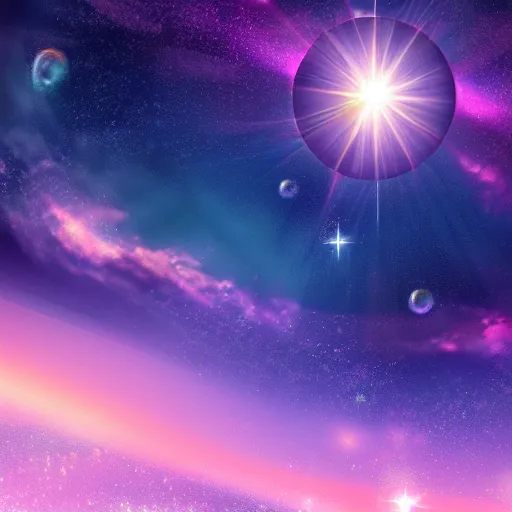 Image similar to anime style hd wallpaper of outer space horizon of a planet, glittering stars scattered about, lavender and pink colors