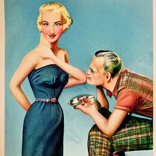 Prompt: “stunning, highly detailed portrait, very detailed, couple, tin can, blonde, color vintage magazine illustration 1950”