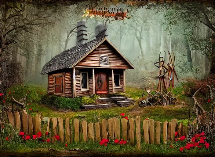 Image similar to simple folk art, house in the wood, mystical, lowbrow, matte painting, 3 - d highly detailed, in the style of ammi phillips,