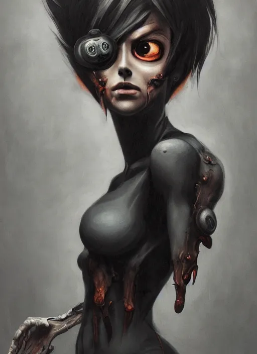 Image similar to dark portrait painting of tracer from overwatch, in style of zdzisław beksinski, scary, horror, 4 k, feminine facial features, overwatch tracer character, horror, body horror, disturbing, detailed face, dressed in dark garment, black tendrils, tall,