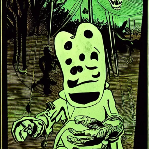 Image similar to ghosts, spirits on bayou, heavy ink, moon in sky, green, mike mignola