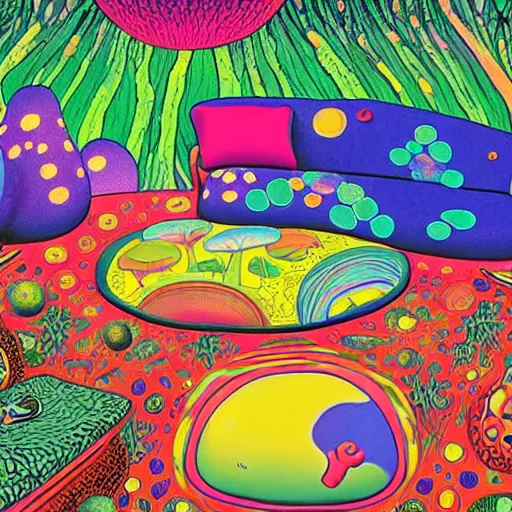 Image similar to psychedelic trippy couch in the lush forest, planets, flowers, mushrooms milky way, sofa, cartoon by carl barks and eric carle