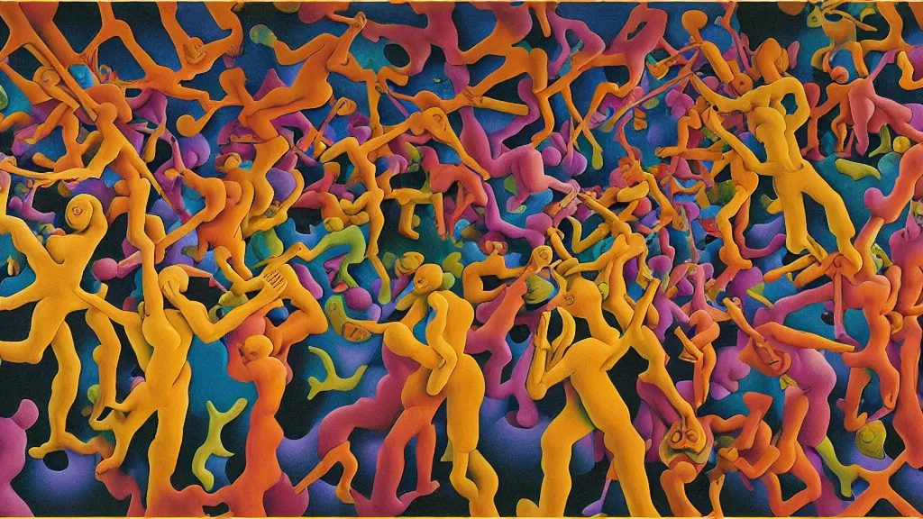 Image similar to multi colored psychedelic weeping soldiers | pain, pleasure, suffering, adventure, love, life, afterlife, souls in joy and agony | abstract oil painting, gouche on paper by MC Escher and Salvador Dali and raqib shaw and Josef albers on LSD |