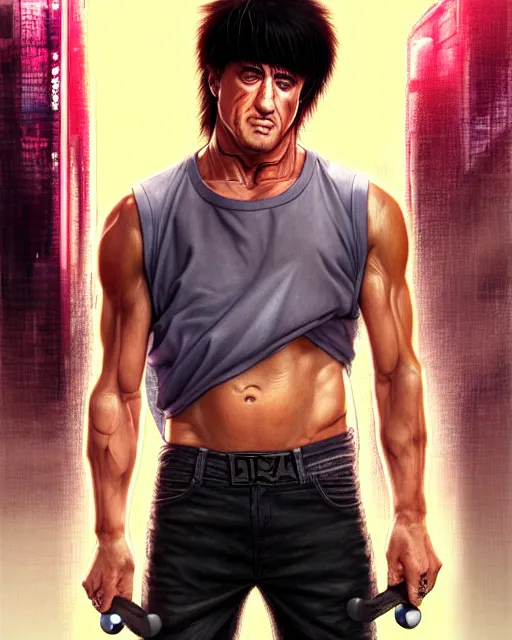 Image similar to well drawn animation portrait Anime skateboarder Sylvester Stallone Rambo, Sharp fine face, shaded Perfect face, fine details. Anime. cyberpunk realistic shaded lighting by katsuhiro otomo ghost-in-the-shell, magali villeneuve, artgerm, rutkowski Jeremy Lipkin and Giuseppe Dangelico Pino and Michael Garmash and Rob Rey