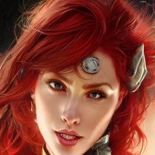 Image similar to highly detailed closeup portrait of beautiful cat woman with red hair, very detailed, realistic, card, by Stanley Artgerm Lau, greg rutkowski, thomas kindkade, alphonse mucha, loish, norman rockwell J.