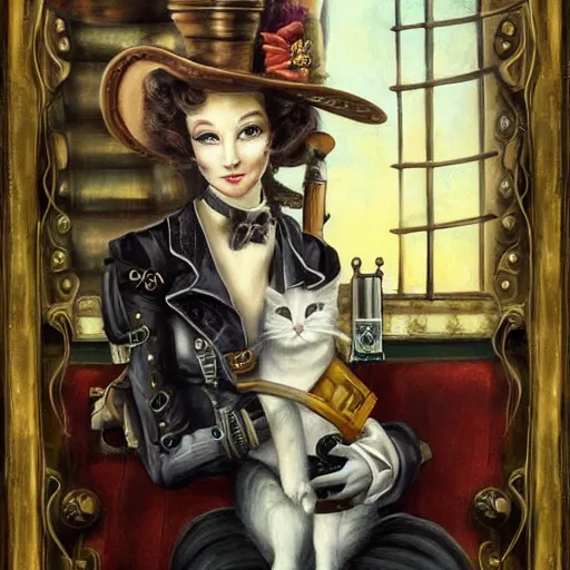 Prompt: steampunk beauty with her mechanical cat is travelling on a train, oil painting,