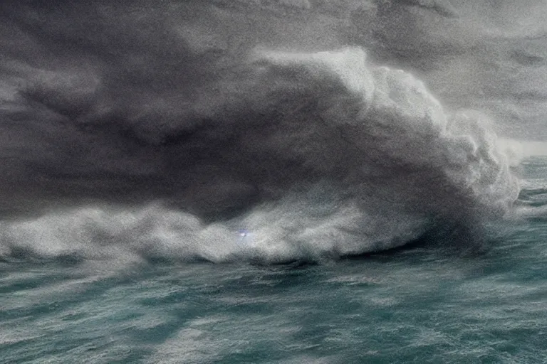 Prompt: container ship in a storm, in the style of vernon grant and chris van allsburg, raging stormy sea, trending on artstation, bright tilt - shift camcorder effect, photoshop, retrowave, hyperrealism, octane, sharp focus, masterpiece