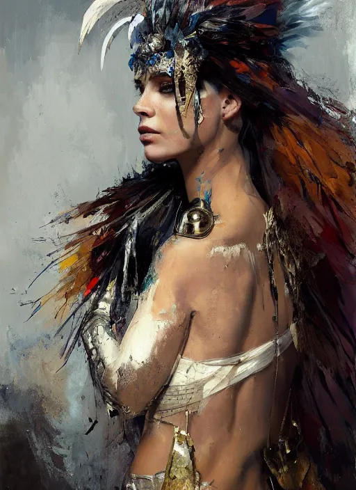 Image similar to painting of a beautiful woman with the face of an eagle, adorned with scant armor, with a feather in her hair, with a strong pose, by Jeremy Mann, stylized, detailed, loose brush strokes, warm tones, vivid colors, realistic