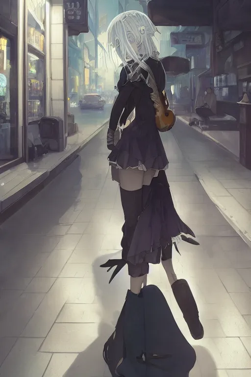 Image similar to a white haired girl with a guitar on her back shopping at a convenience store at night, grey and dark theme, s line, 4 5 angel by krenz cushart and mucha and makoto shinkai and akihito yoshida and greg rutkowski, nier : automata inspired, 4 k resolution