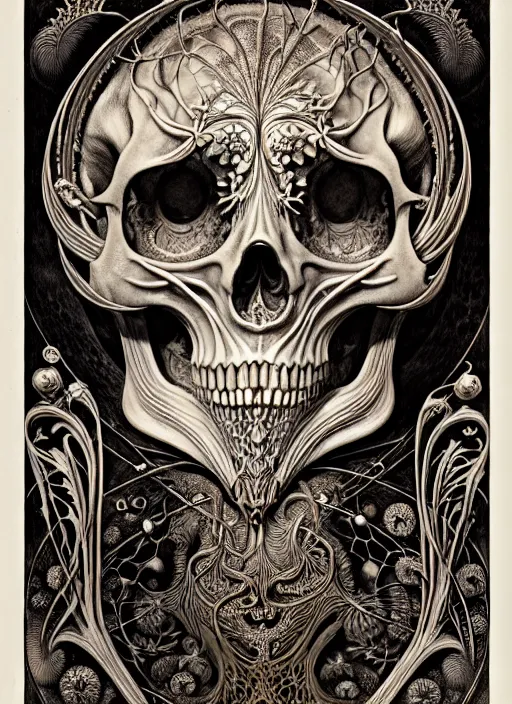 Image similar to art forms of nature by ernst haeckel, memento mori by arthur rackham, ornate antique porcelain beautiful skull mask, ultrasharp, photorealistic, hyperdetailed, octane render, polished, art nouveau, neo - gothic, gothic, intricate ornamental organic filigree, art nouveau botanicals, art forms of nature by ernst haeckel, horizontal symmetry, symbolist, visionary