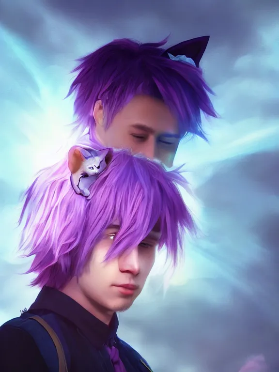 Image similar to Portrait art of a young man with purple hair and cat ears floating on a cloud, 8k, ultra realistic , lens flare, atmosphere, glow, detailed, intricate, full of colour, cinematic lighting, trending on artstation, 4k, hyperrealistic, focused, extreme details, unreal engine 5, cinematic, masterpiece