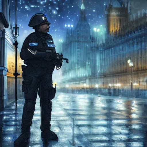 Image similar to A British police officer guarding London at night, highly detailed, ambient lighting, trending on art station