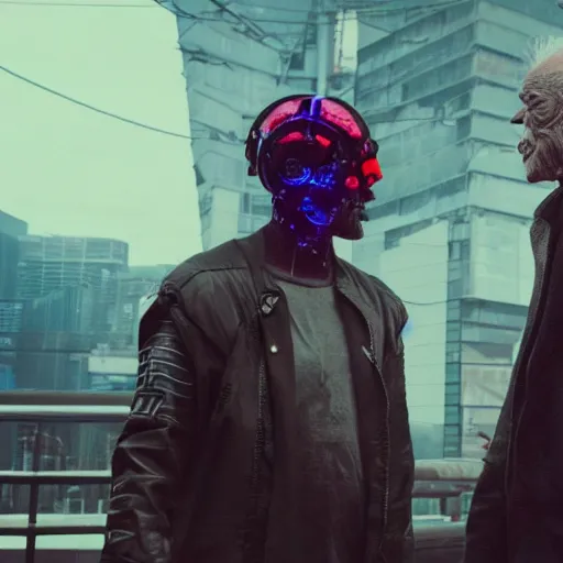 Image similar to cyberpunk buff old man fighting Deadcode humanoid robot Emmanuel Lubezki