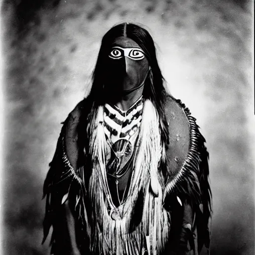 Prompt: vintage photo of a native american hopi shaman with a mask by edward s curtis, photo journalism, photography, cinematic, national geographic photoshoot