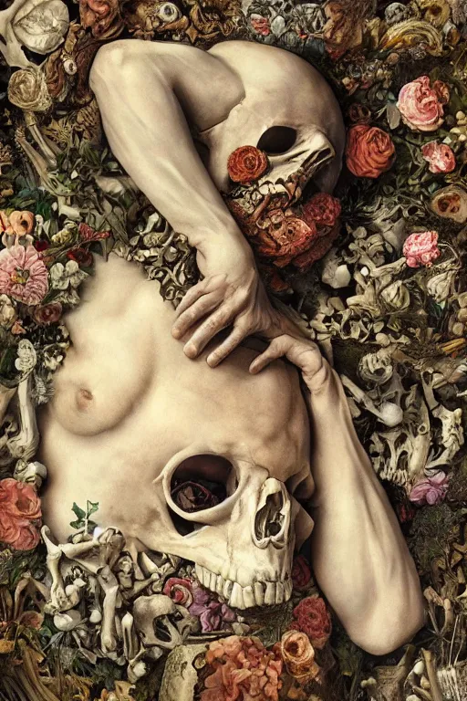 Image similar to a man lying down in bed of bones of flowers, he is sad and has large eyes and lips, very fleshy body, anatomical, HD Mixed media, highly detailed and intricate, surreal illustration in the style of Caravaggio, baroque dark art