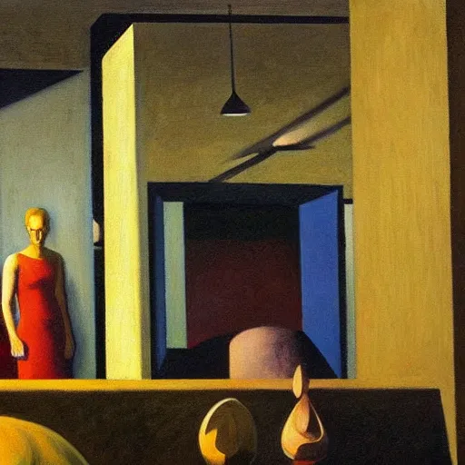 Image similar to three brutalist seers watchers oracles soothsayers portrait, pj crook, grant wood, edward hopper, syd mead, oil on canvas