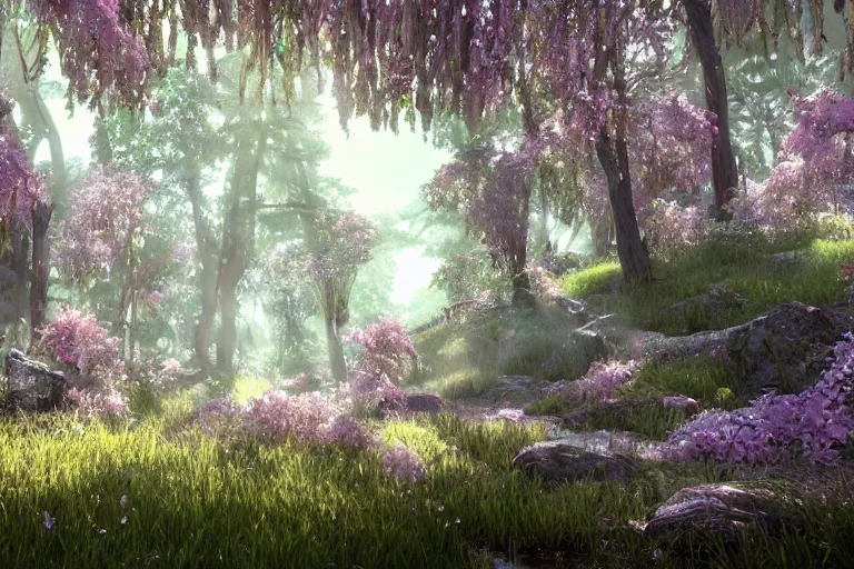 Prompt: crystal forest with gilded trees and jeweled flowers by unreal engine, photorealistic