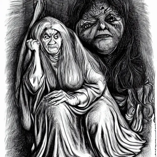 Image similar to an extremely haggy hag of a hag an ugly, repulsive old woman: often with implication of viciousness or maliciousness; an evil spirit, dæmon, or infernal being, in female form; woman supposed to have dealings with Satan and the infernal world; a witch; sometimes, an infernally wicked woman, ultra realistic