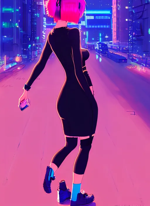 Image similar to digital illustration of cyberpunk pretty girl with blue hair, wearing a tight black dress, full body pose, in city street at night, by makoto shinkai, ilya kuvshinov, lois van baarle, rossdraws, basquiat