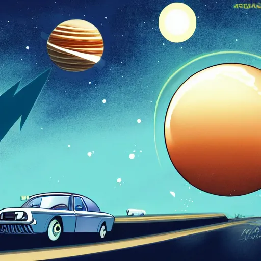 Image similar to 1960s car on a road in space driving towards a planet, trending on art station