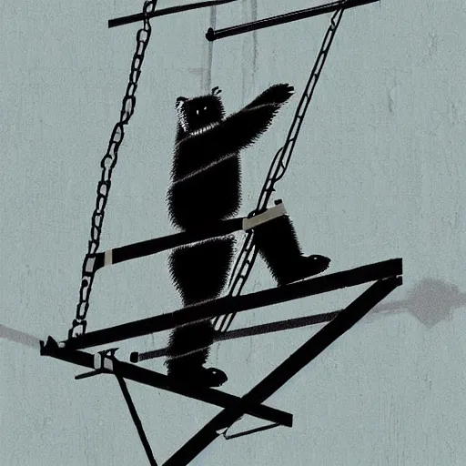 Prompt: man bear rigging a stage on a scaffold, art by dima yastronaut