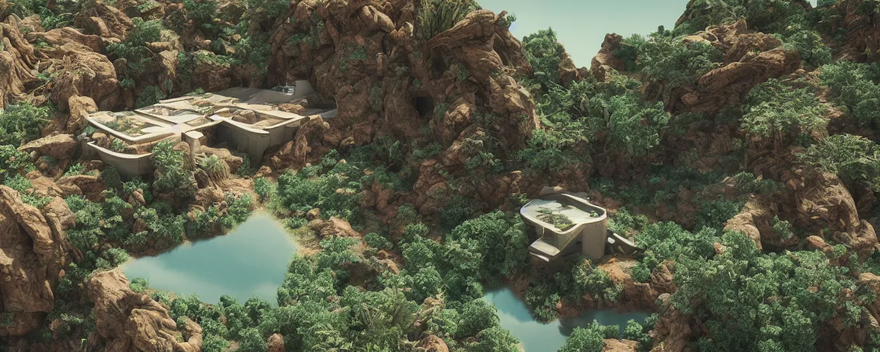 Image similar to villa carved from mountain, martian landscape, outer space, plants, river, forest, photorealism, octane render, hyper realistic, 8 k