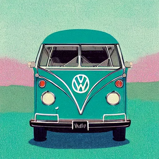 Image similar to illustration of an old van volkswagen, may 6 8, pastel colors, cool, hippie by victo ngai
