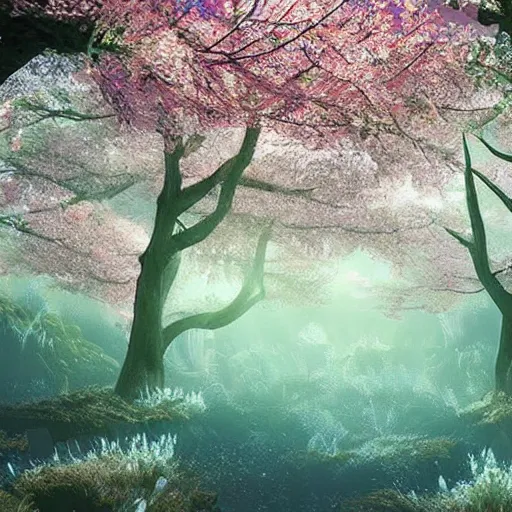 Image similar to ultra realistic beautiful underwater sakura forest clearing techno art