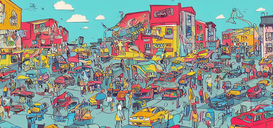 Prompt: an illustration of a funny colorful trashy town by Aurelien Predal