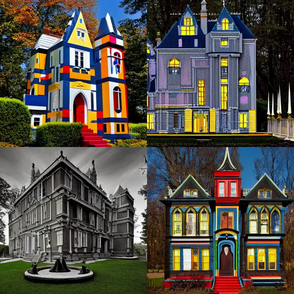 Prompt: a weird enchanted mansion, de stijl, sharp focus