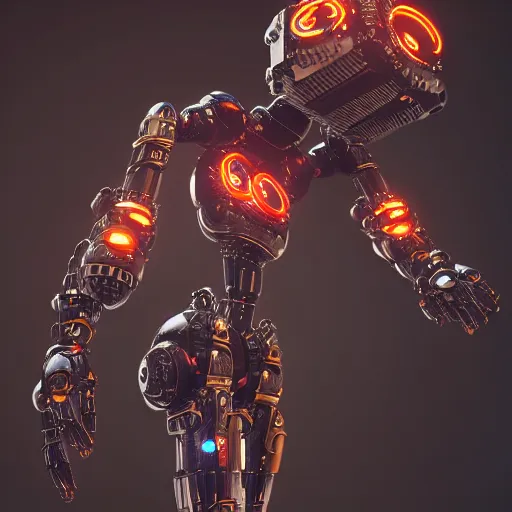 Prompt: super advanced technological anthropomorphic robot from the future, intricate details, mystic symbols, glowing, chords, particle effects, octane render, 4 k, depth of field, cinematic lighting, cinematic composition