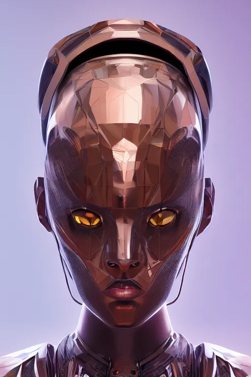 Prompt: beautiful portrait of friendly attractive alien cyborg, style of Feng Zhu, Artstation geometric, aesthetic, smooth skin, unique features, symmetrical, intricate crown, high fashion, streetwear, cyberpunk, detailed, octane render, cinematic, 8k, purple skin, brown skin