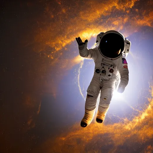 Image similar to photograph of an astronaut in space, singular light source from below, earth only visible below, full body photo, amazing light and shadow contrast, 8 k