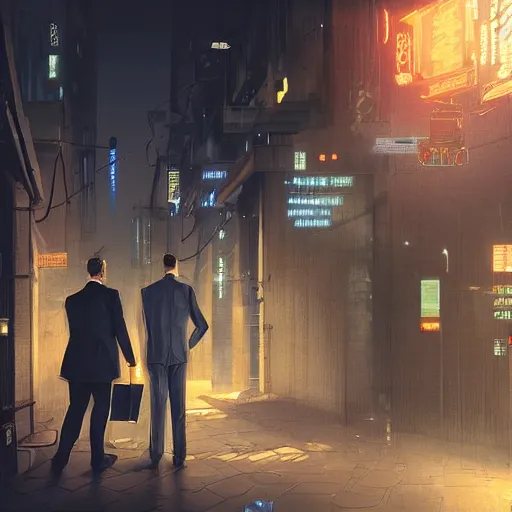 Prompt: businessman handing the viewer an envelope, detailed digital illustration by greg rutkowski, cyberpunk back alley, nighttime